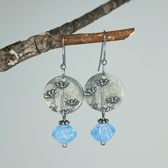 HAND CRAFTED Artisan Pewter Wildflower Earrings Blue Vintage Glass Dangle - Picture 2 of 6